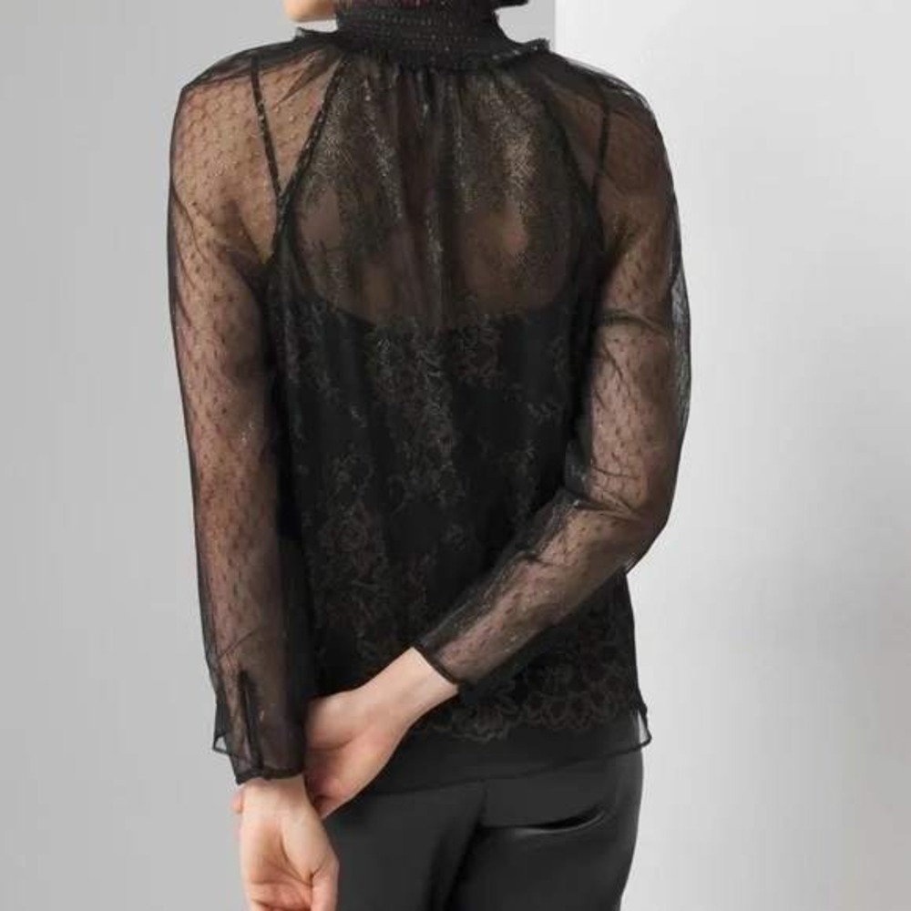 NWT White House Black Market Black Gold Metallic Lace Smocked Neck Blouse 12 Y2K - Picture 3 of 14